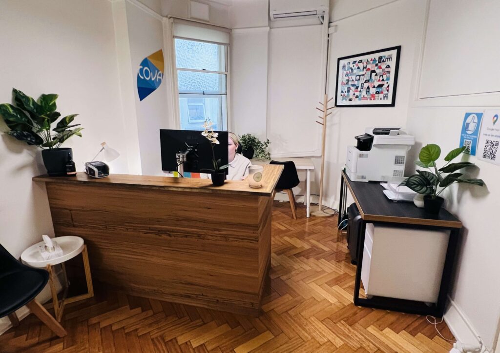 Reception area at Cova Psychology in Melbourne, welcoming clients seeking support for loneliness and mental health services.