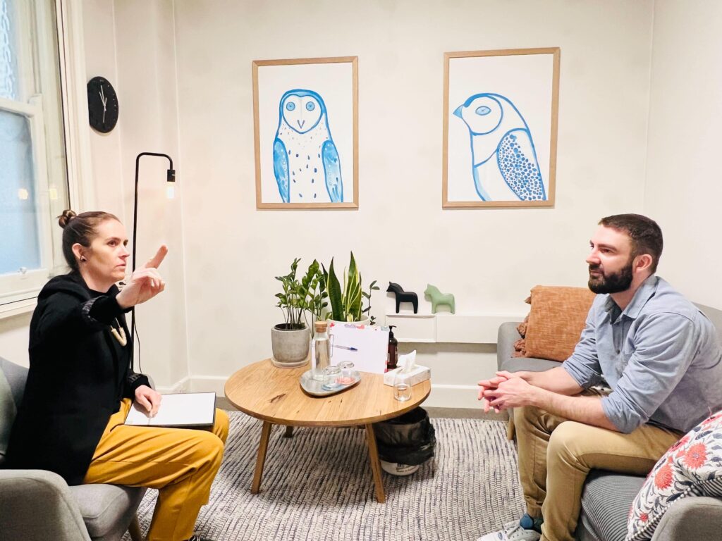 Two psychologists practicing EMDR therapy at Cova Psychology's Melbourne clinic, offering evidence-based EMDR therapy and mental health care.